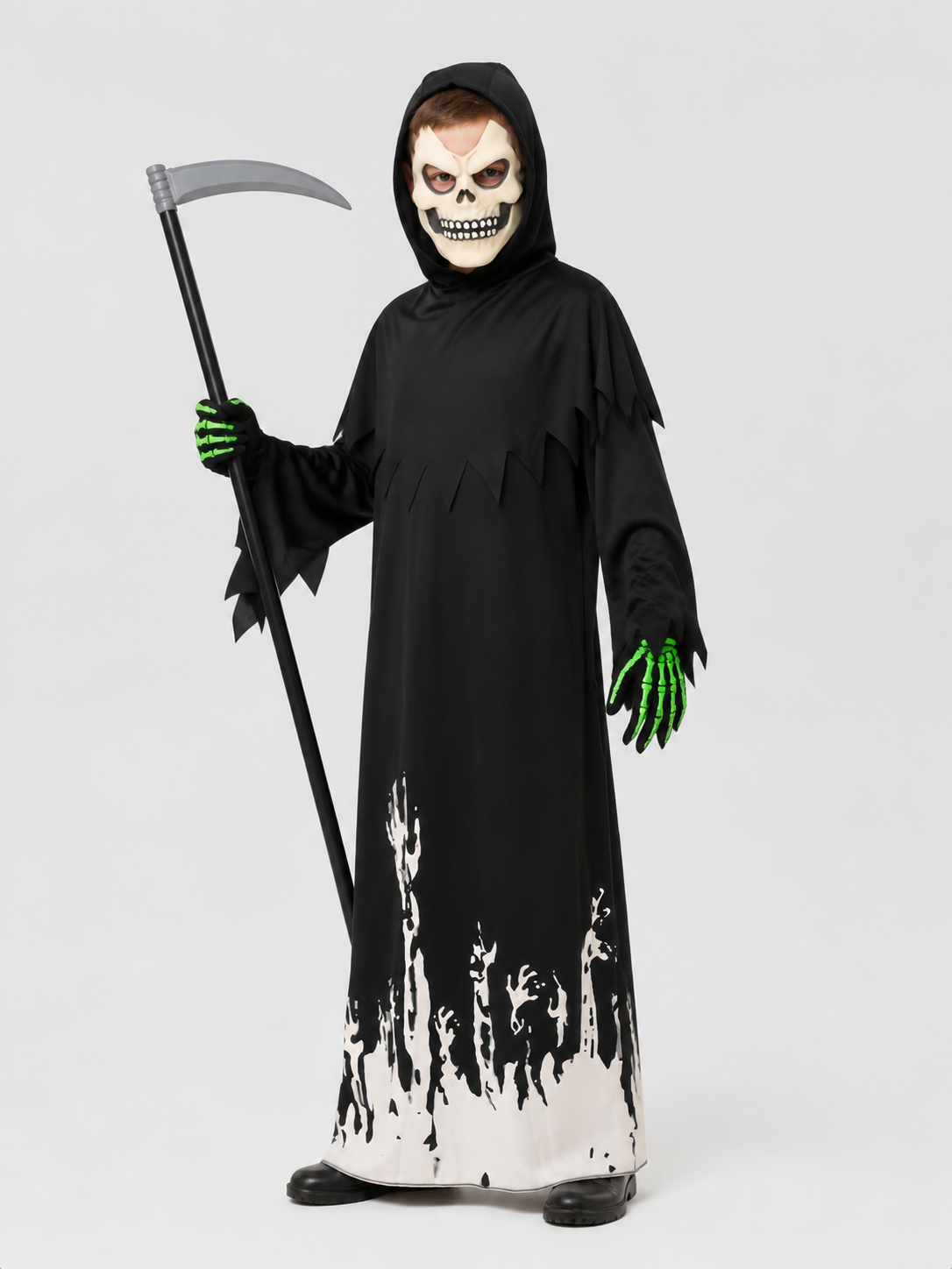 Death Costume with Mask, Glow-in-the-Dark Gloves, and Scythe side view
