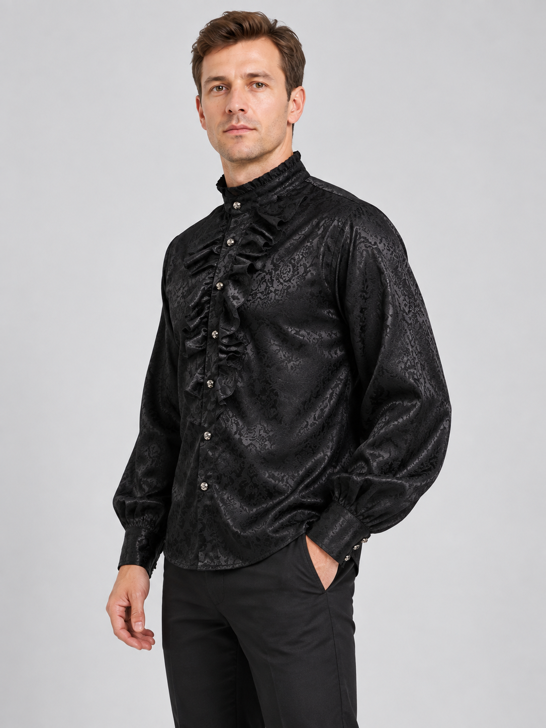 Black Shiny Shirt with Jabot and Ruffles
