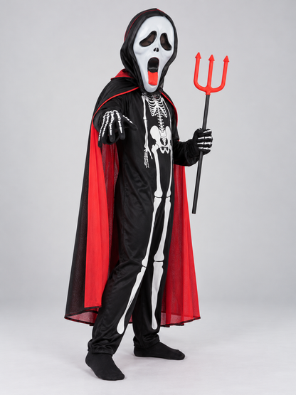 Skeleton Carnival Costume with Mask, Cape, and Trident