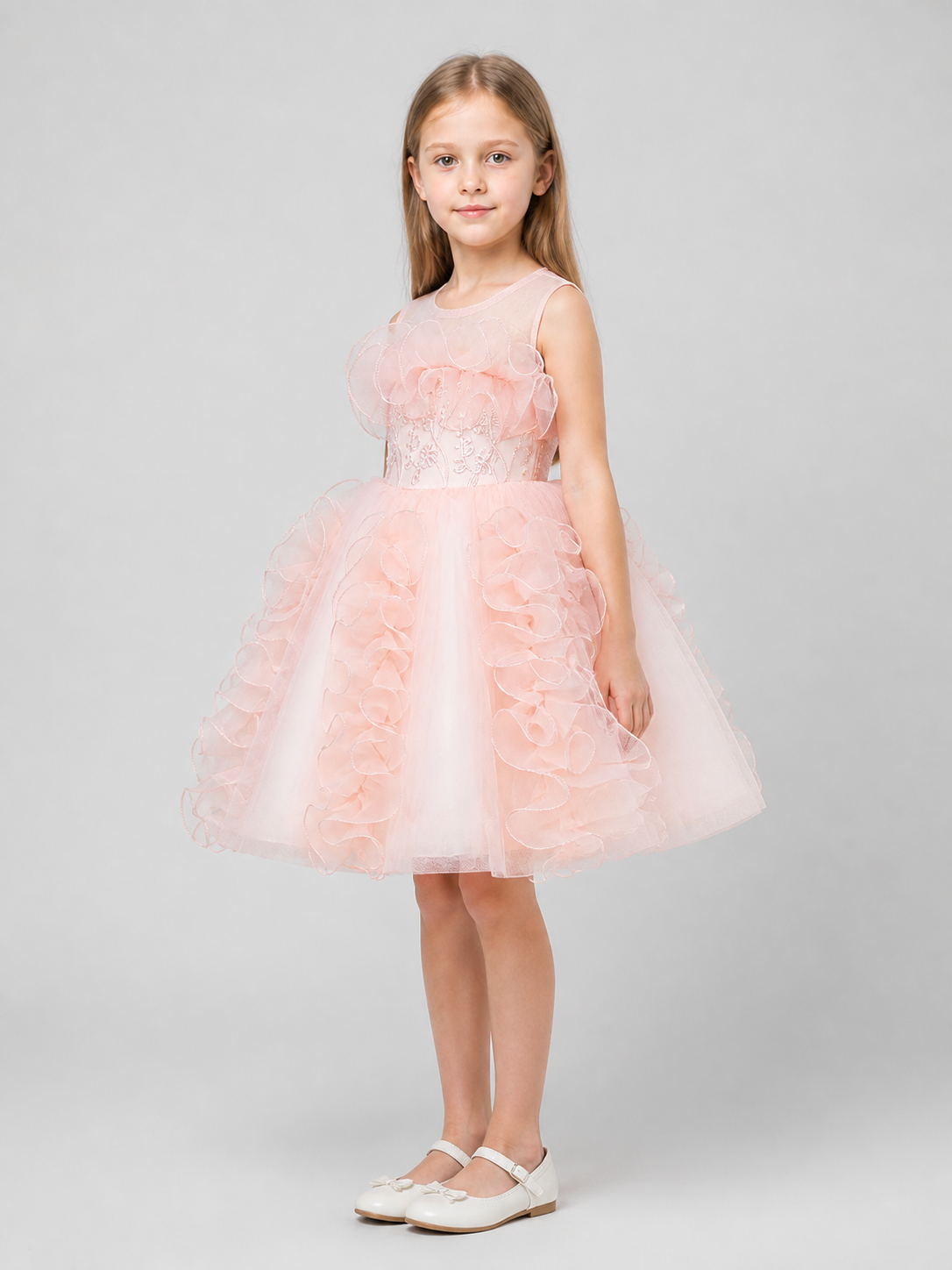 Dressy Princess Dress with Full Skirt and Flowers side view