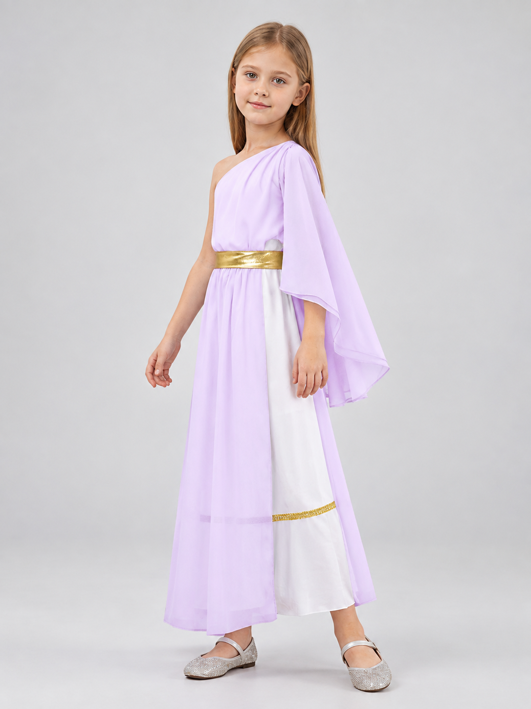 Carnival Dress with One-Shoulder Neckline and Gold-Tone Belt