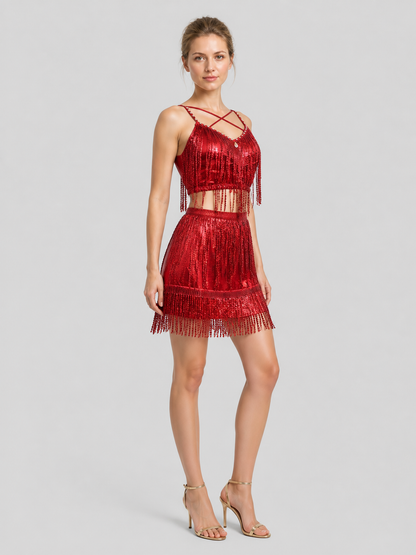 Red Stage Costume: Top and Fringed Skirt side view