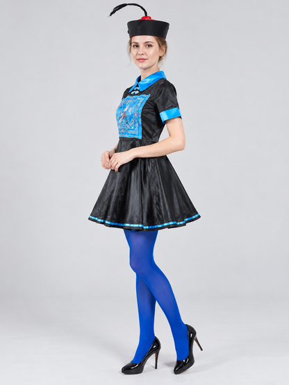 Black and Blue Carnival Costume with Dress and Hat side view