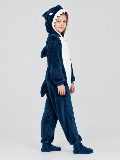 Navy Blue Fleece Pajama Jumpsuit with Shark Hood
