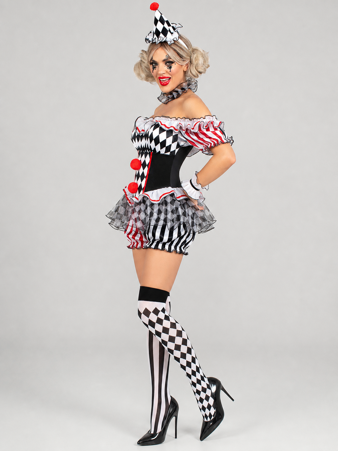Clown Cosplay Costume with Ruffles and Pom-Poms