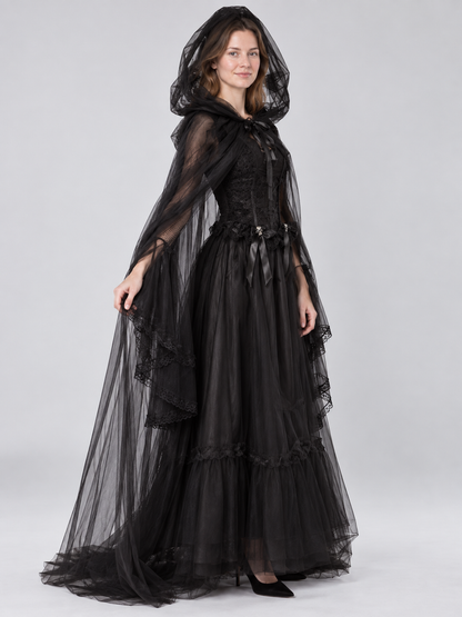 Gothic Black Carnival Costume with Cape and Dress