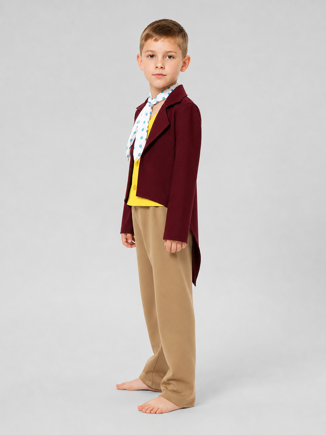 A bright fox cub costume designed in the style of a fairy-tale character helps create a striking look for dress-up, themed parties, or performances. The set includes a burgundy jacket with long pointed tails, a yellow shirt or decorative fr