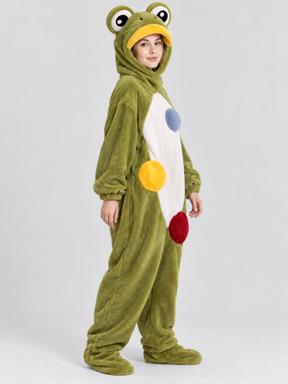 Green frog onesie pajama with oversized frog head