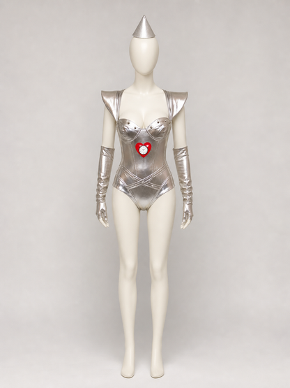 Silver cosplay jumpsuit costume with a heart