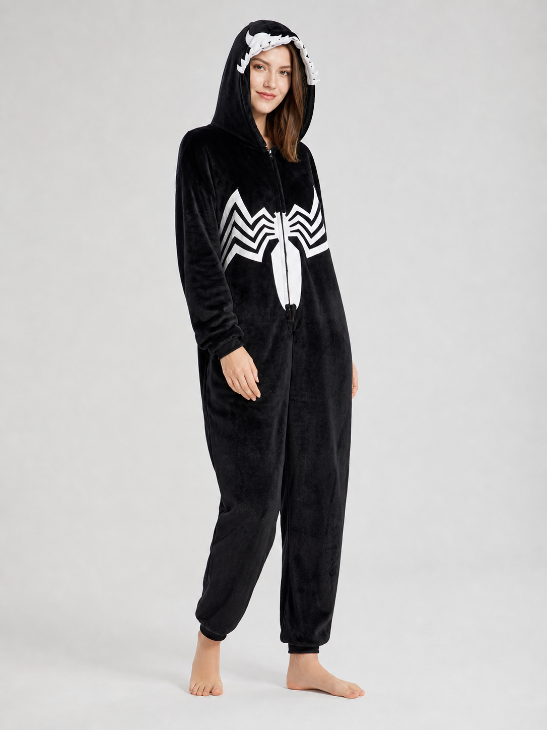 Hooded jumpsuit with zipper and spider print