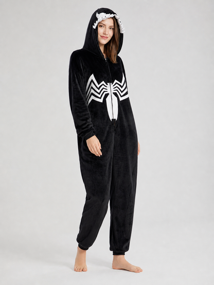 Hooded jumpsuit with zipper and spider print
