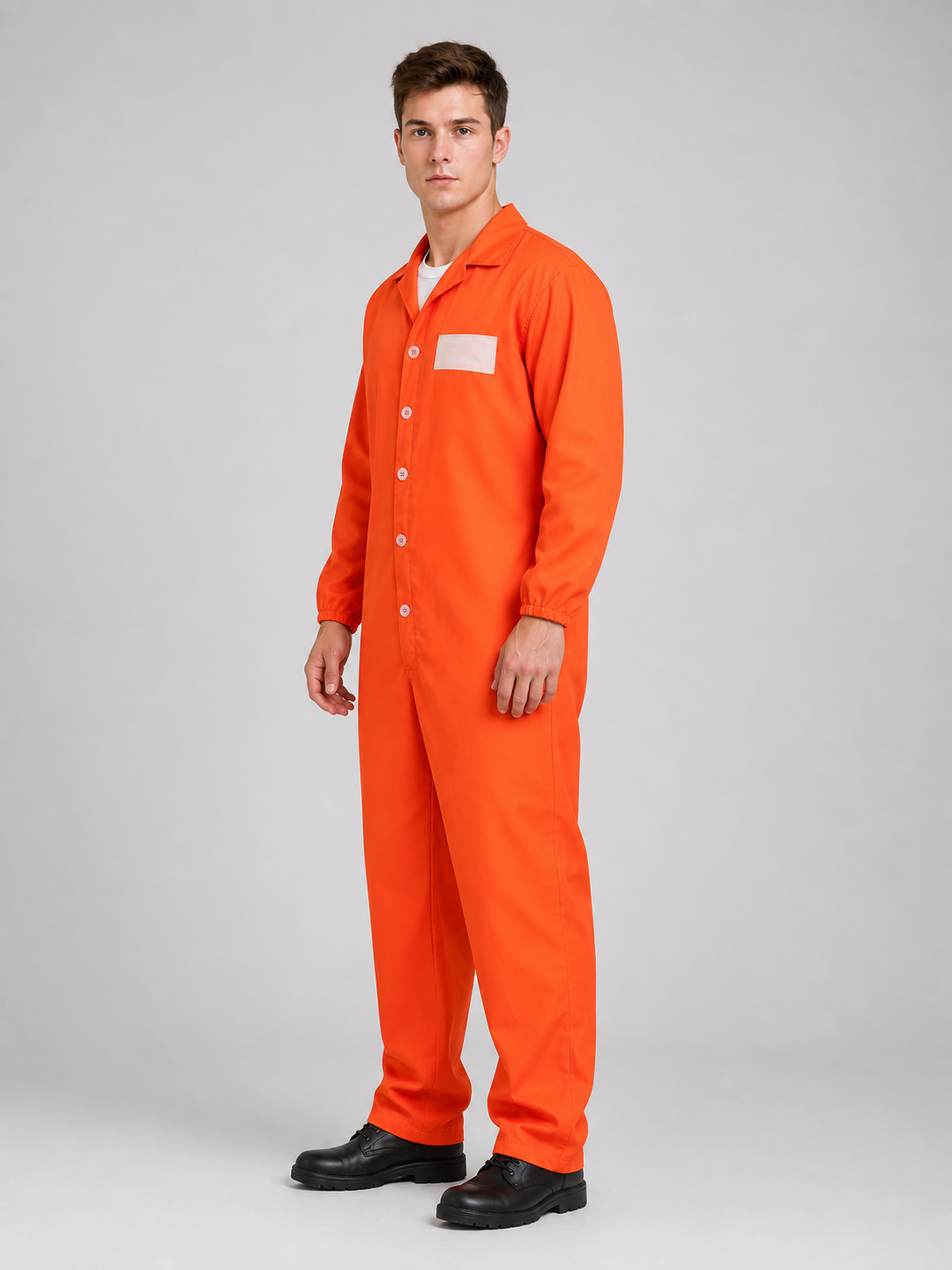 Orange coverall with a smooth fabric look, open collar, white buttons, chest patch, and elastic cuffs, shown in a close front view