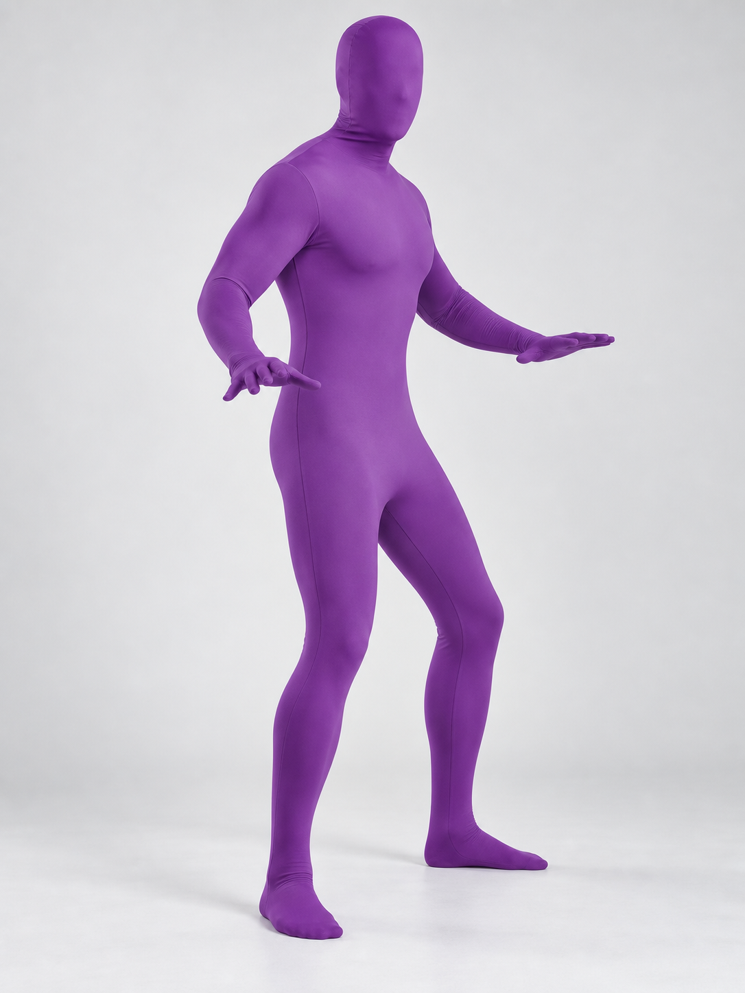 Purple jumpsuit costume with hood and long sleeves