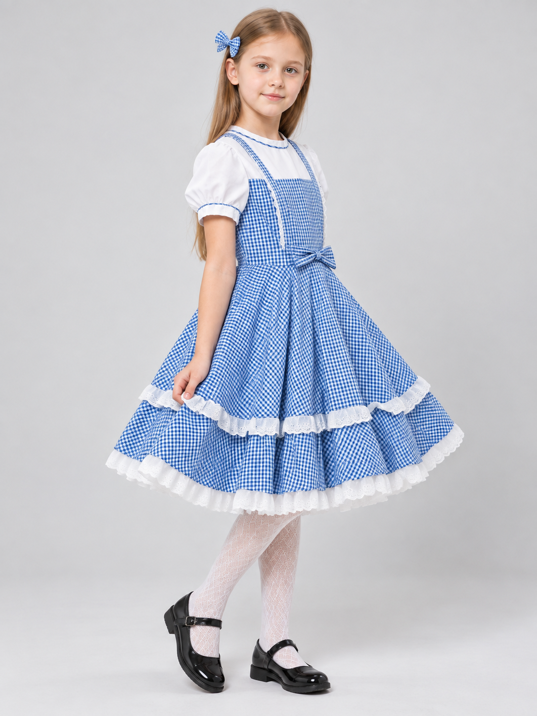 Blue and White Plaid Cosplay Dress with Bow and Headband