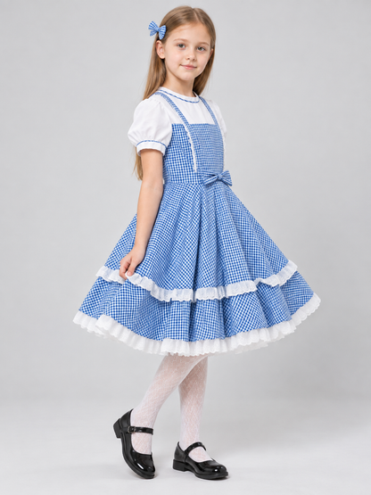 Blue and White Plaid Cosplay Dress with Bow and Headband