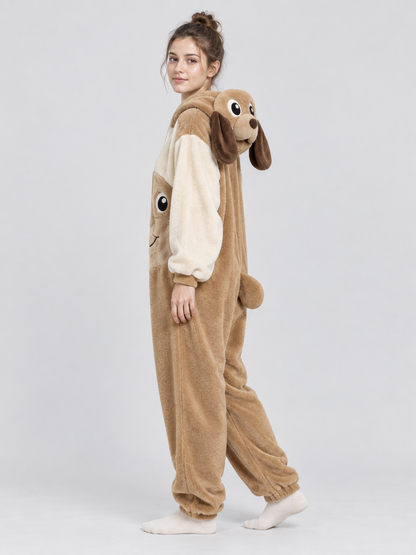 Loungewear jumpsuit with a hood, ears, and tail