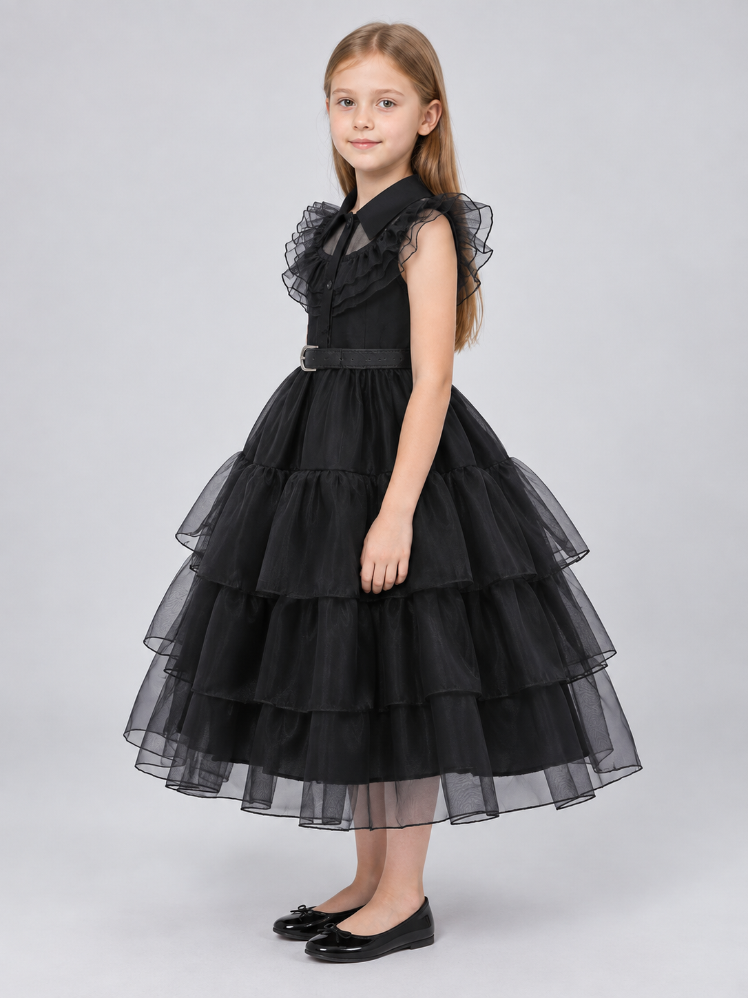 Black Dressy Dress with a Collar and Full Skirt side view