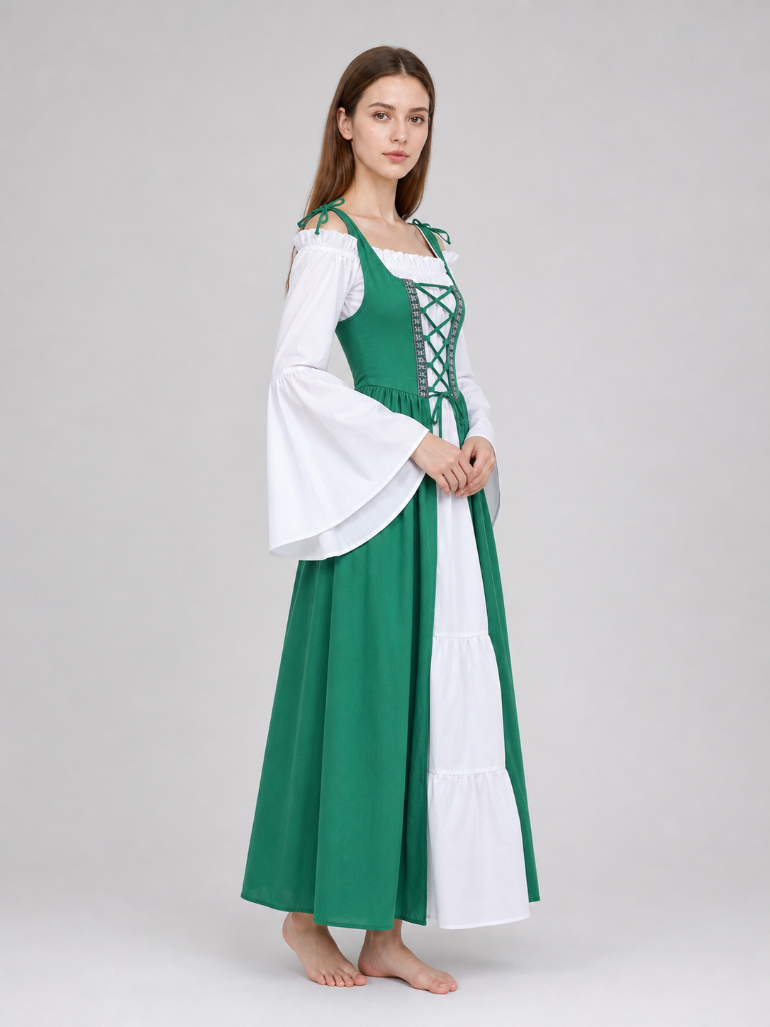 Green and white medieval-style dress with lacing