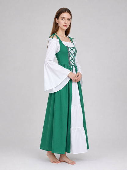 Green and white medieval-style dress with lacing