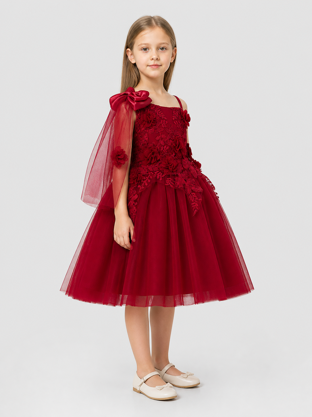 Burgundy children's tutu dress with lace and flowers side view