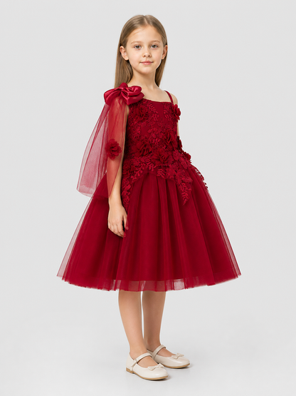 Burgundy children's tutu dress with lace and flowers side view