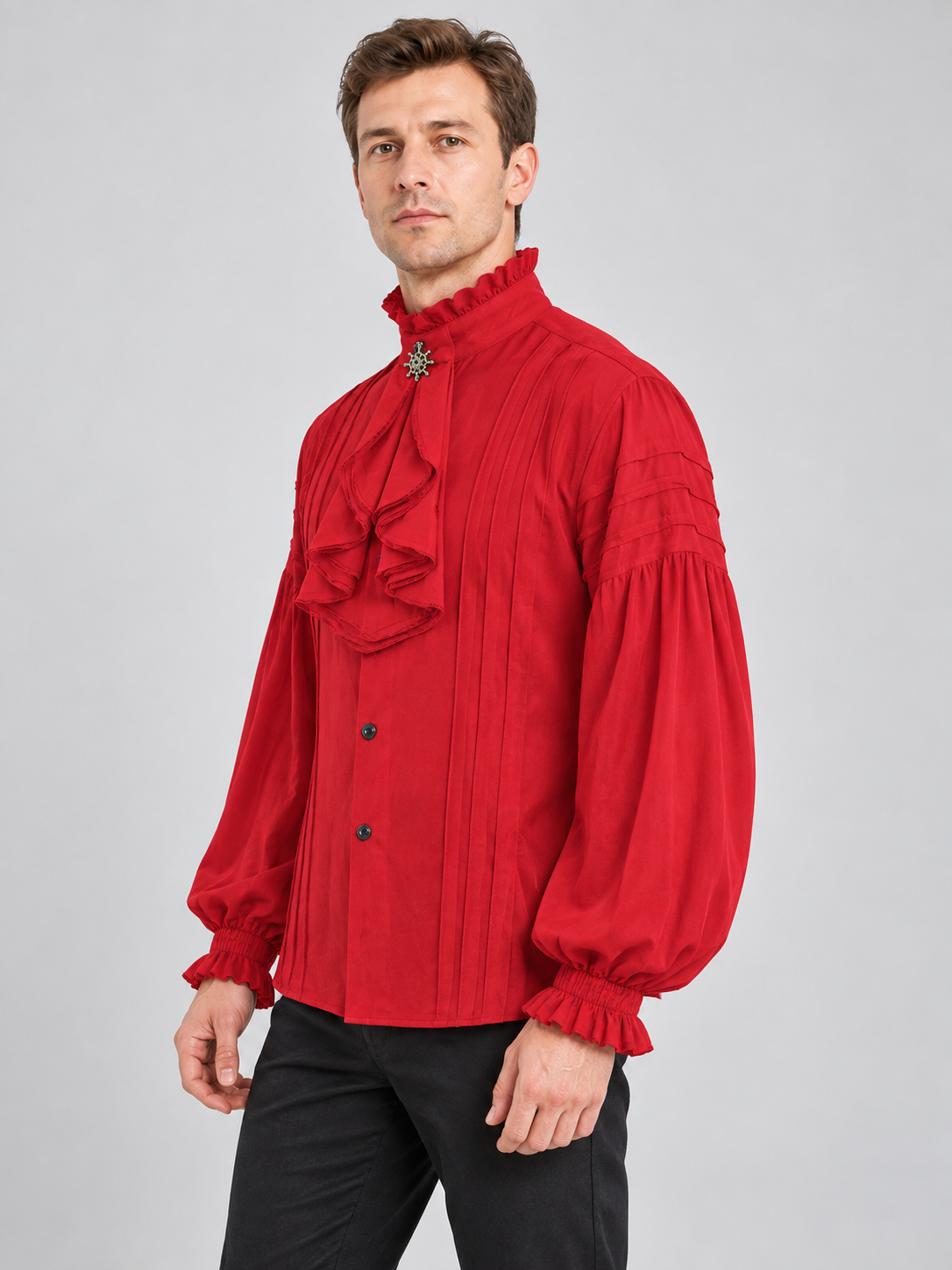 Red Pirate-Style Shirt with High Collar and Ruffles