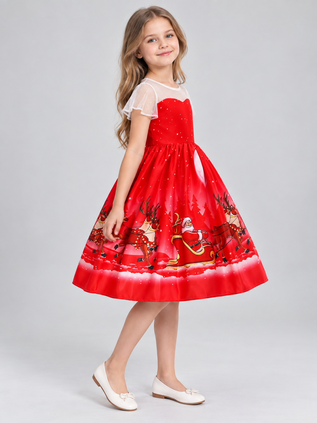 Girls' Holiday Dress with Snowflakes and a Full Skirt side view