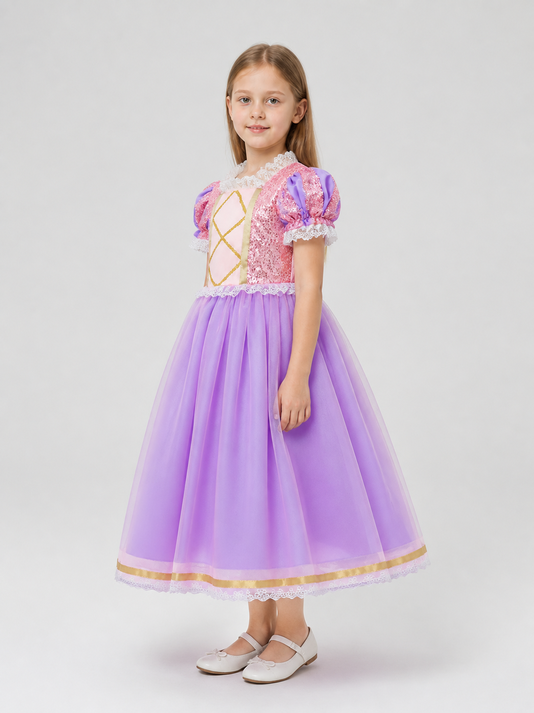 Girls' Purple Princess Dress with Sequins and Lace side view