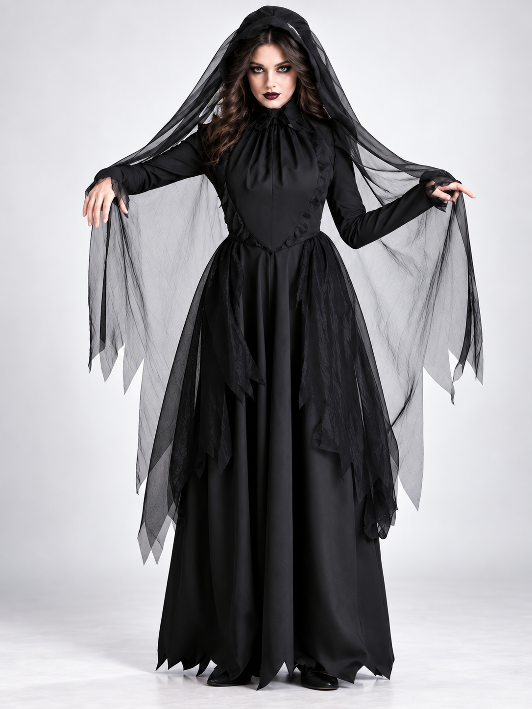 Black Witch Costume with Veil and Headpiece