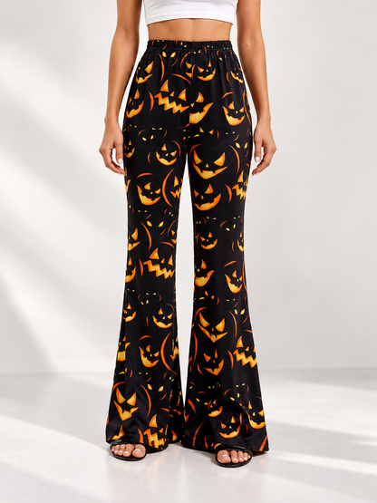 Black Flared Carnival Pants with Orange Smiling Pumpkin Print