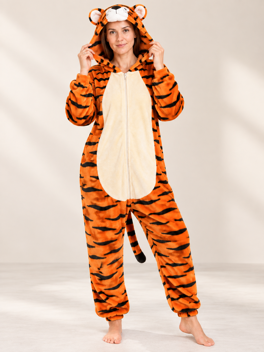 Flannel Pajama Jumpsuit with Hood and Ears, Orange
