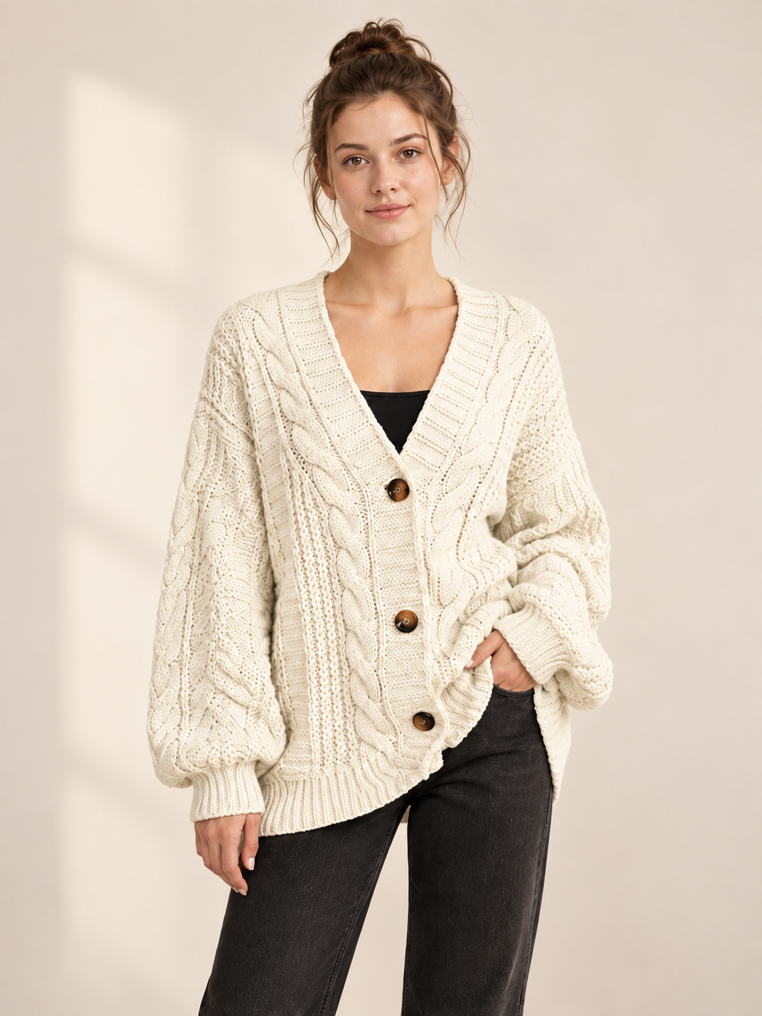 Cream Knit Cardigan with Cable Pattern and Buttons