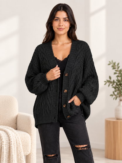 Black Knitted Cardigan with Cable Pattern and Buttons
