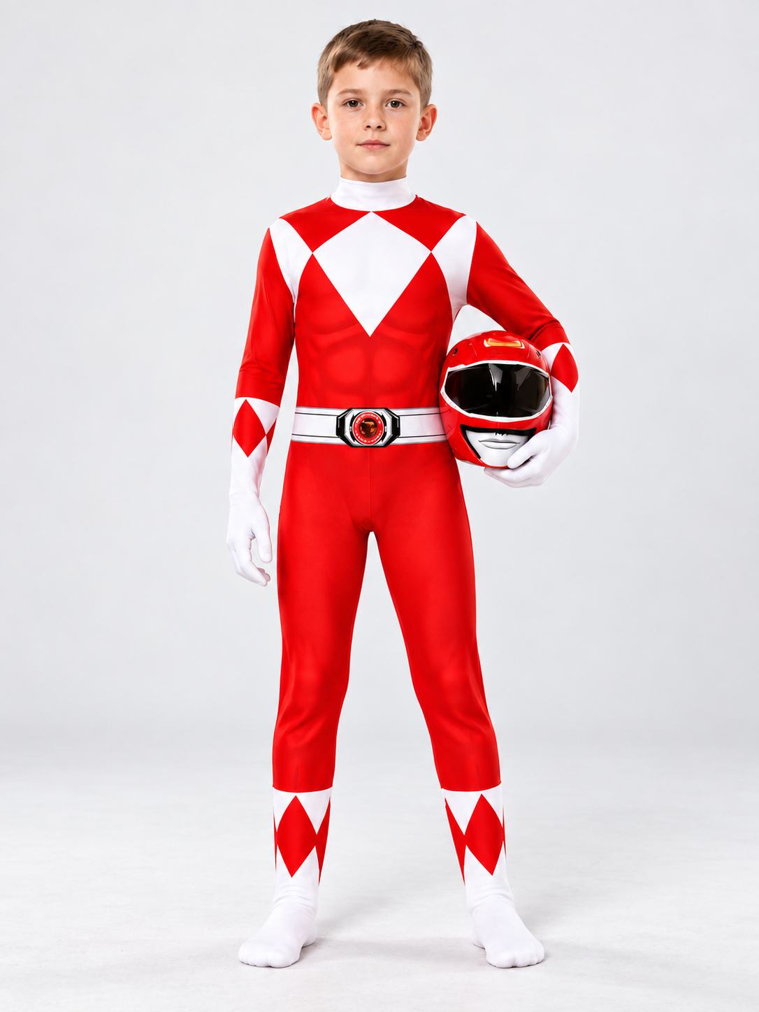 Red and White Carnival Costume Jumpsuit with Helmet Mask