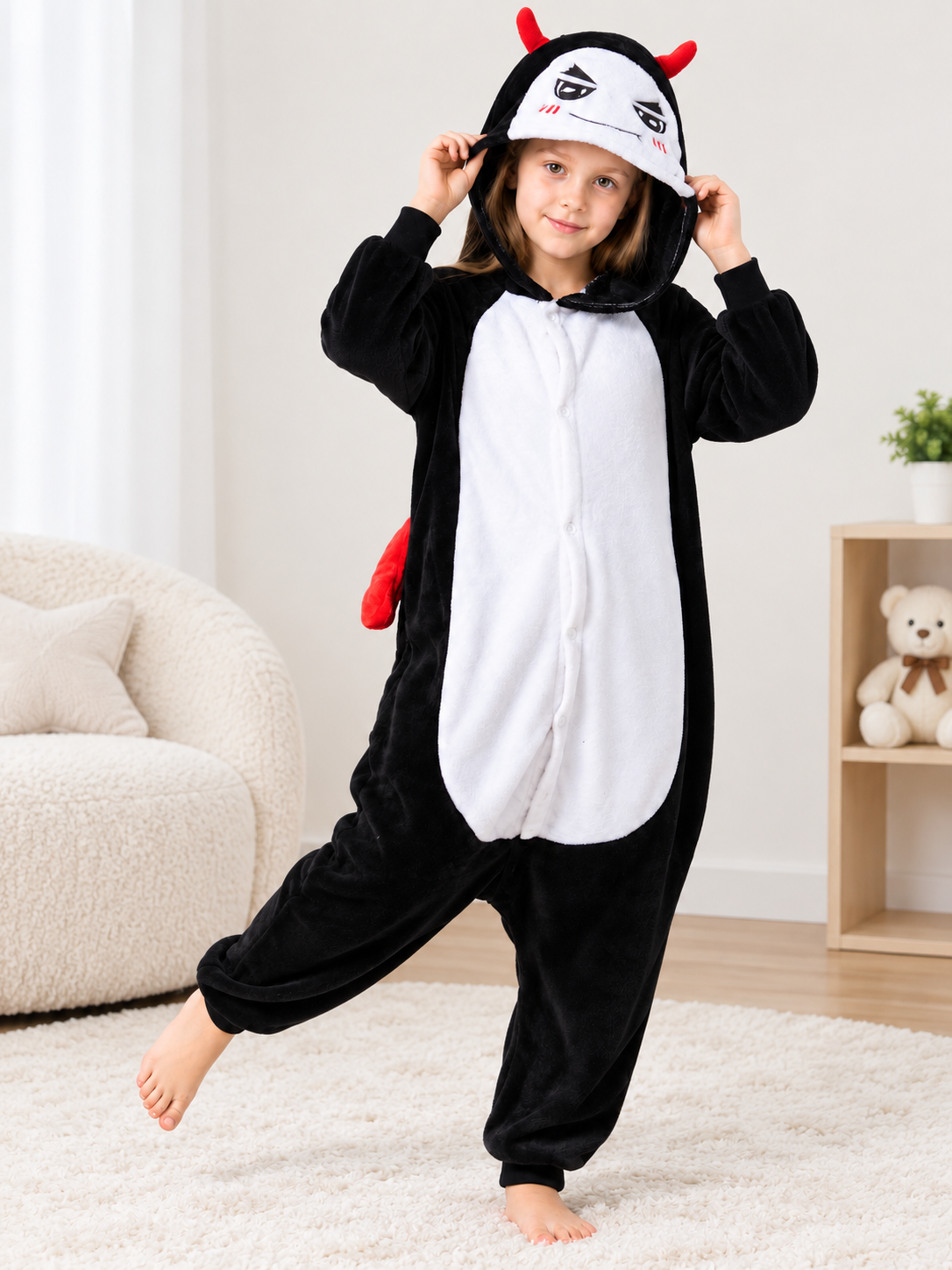 Hooded Fleece Pajama Jumpsuit with Horns size guide