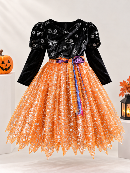 Costume Dress with an Orange Skirt and Purple Bow size guide