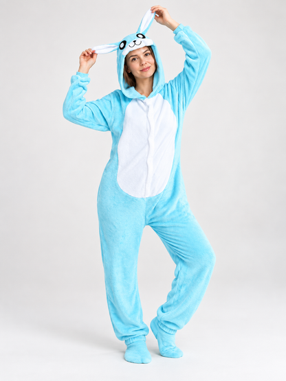 Light blue pajama jumpsuit with a hood and rabbit ears