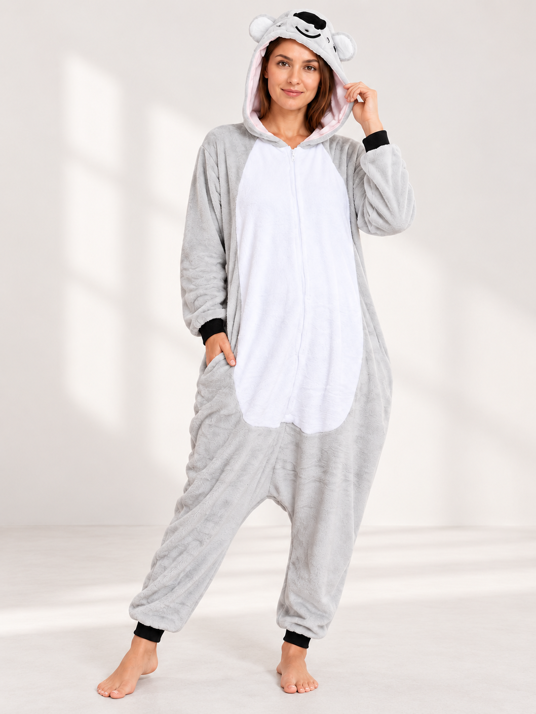Light Gray Flannel Pajama Jumpsuit with Koala Hood