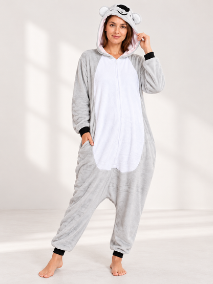 Light Gray Flannel Pajama Jumpsuit with Koala Hood