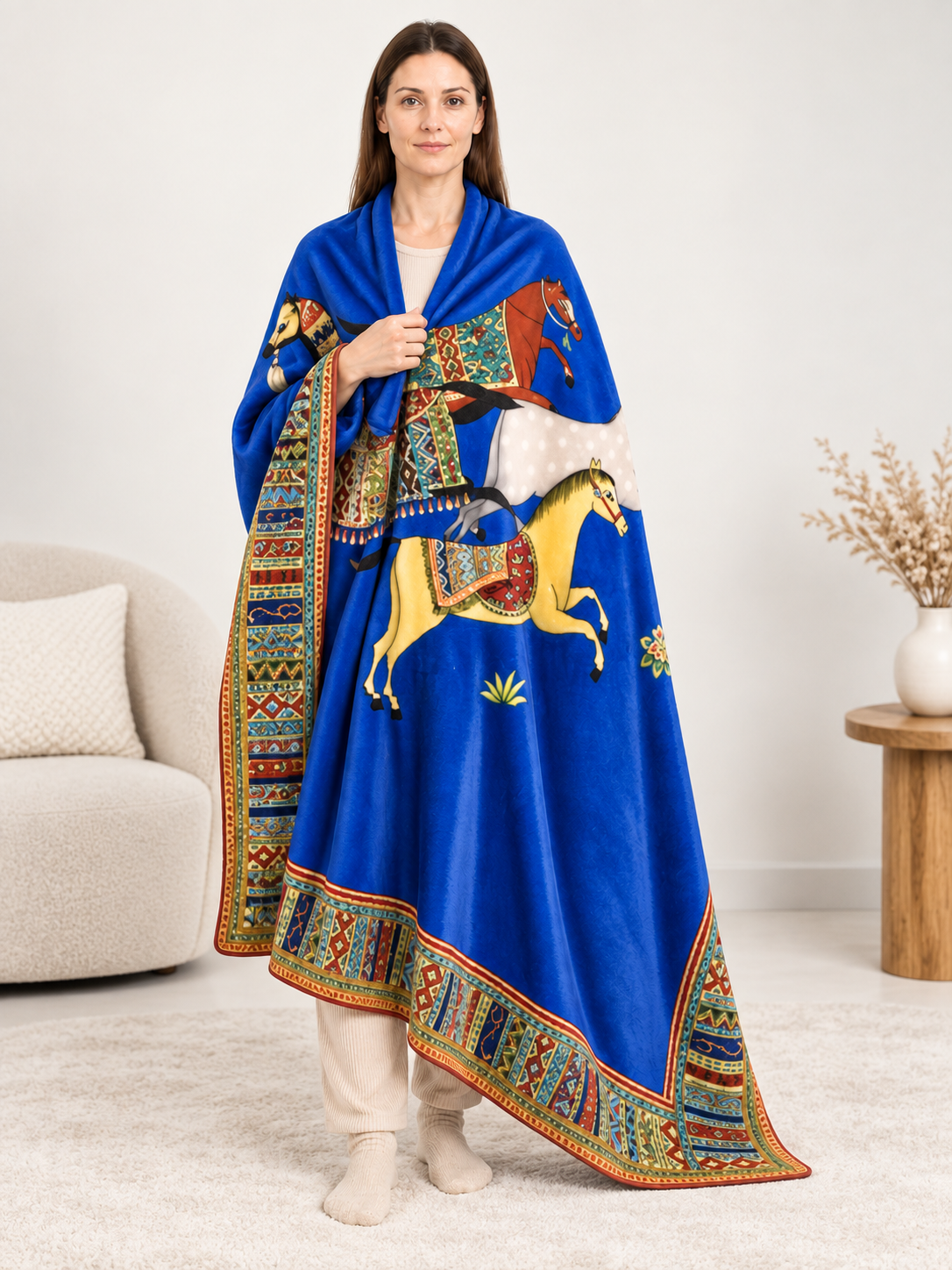 Soft Blue Horse Throw Blanket with Decorative Border