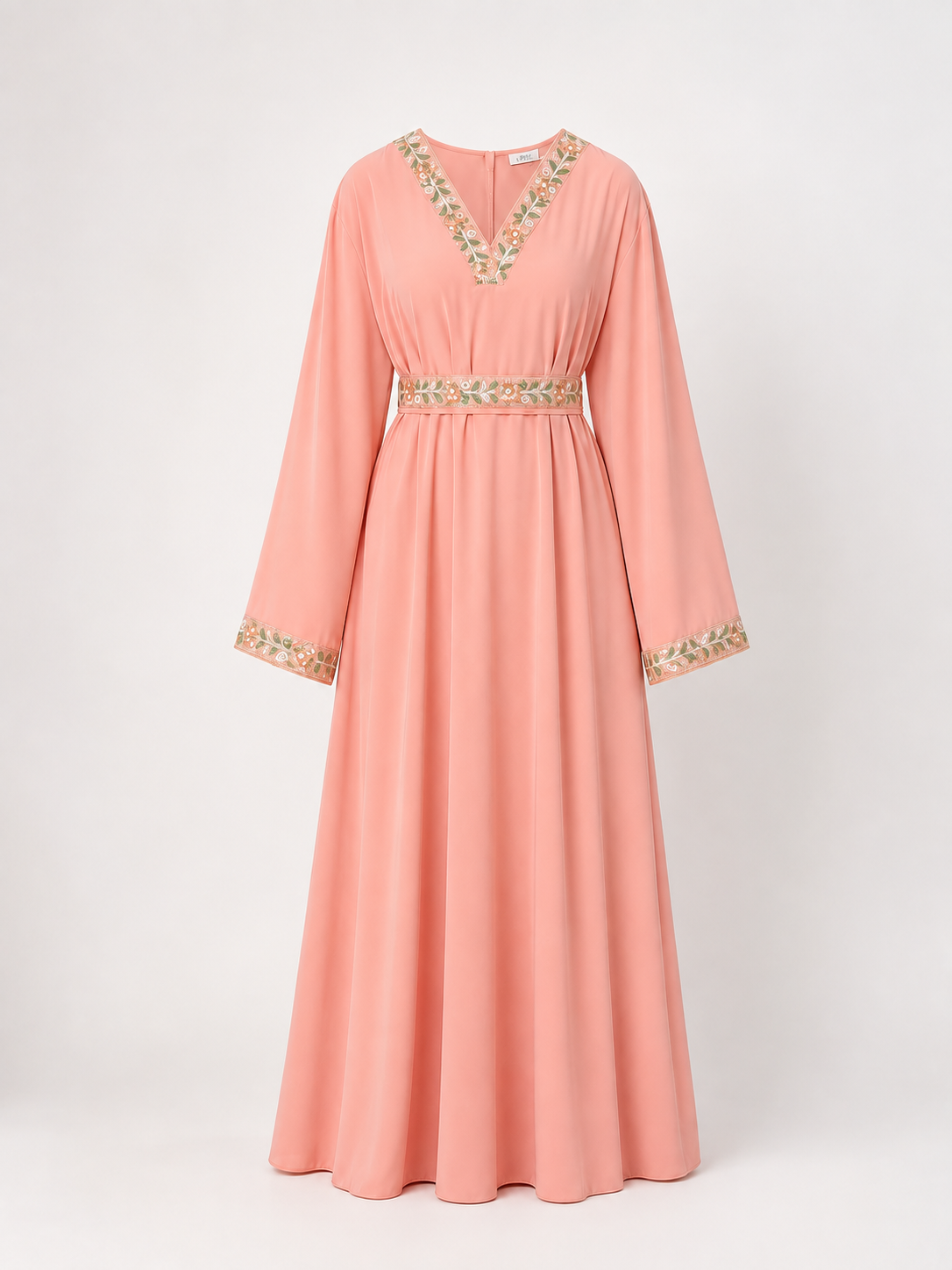 Pink Maxi Dress with Embroidered Trim and Belt size guide