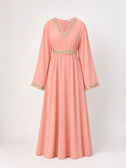 Pink Maxi Dress with Embroidered Trim and Belt size guide