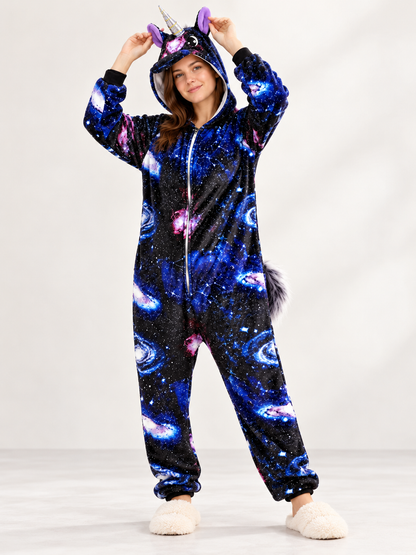 Flannel Pajama Jumpsuit with Space Print