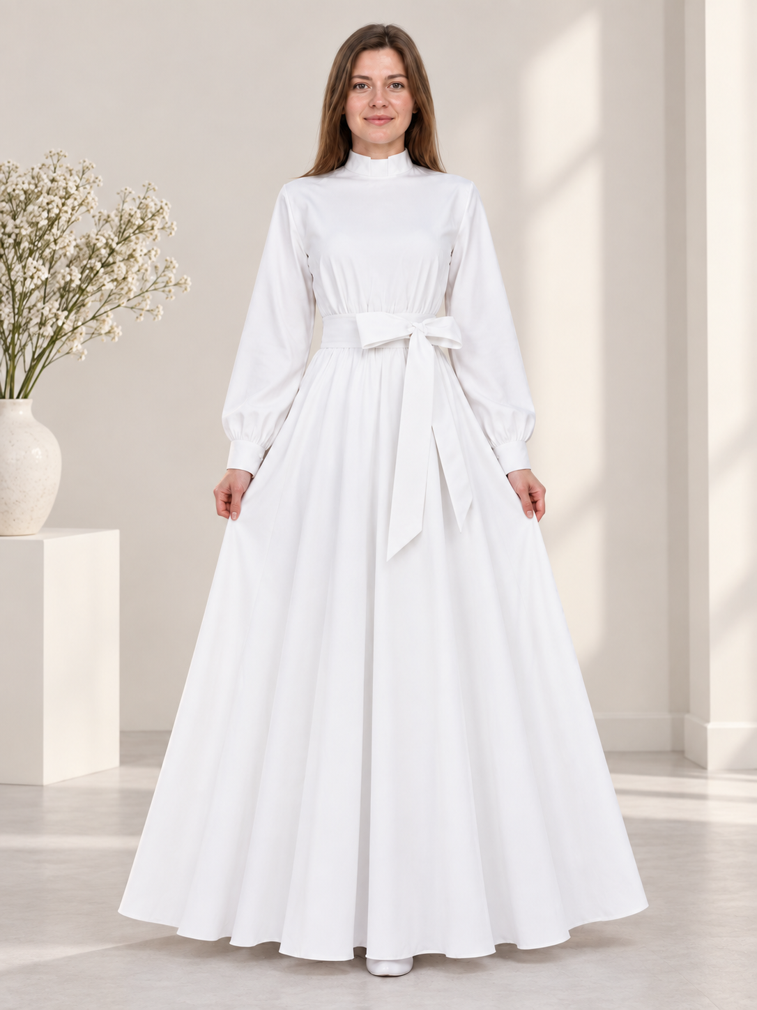 White nun costume made of linen and polyester with belt