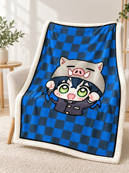 Blue Flannel Plaid Blanket with Illustration size guide