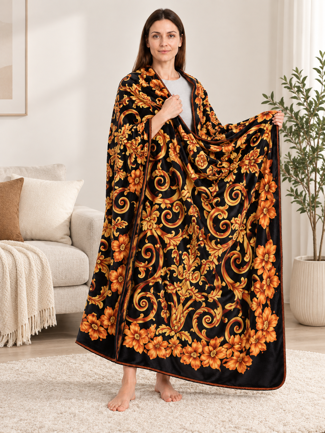 Black Flannel Throw Blanket with Baroque Pattern