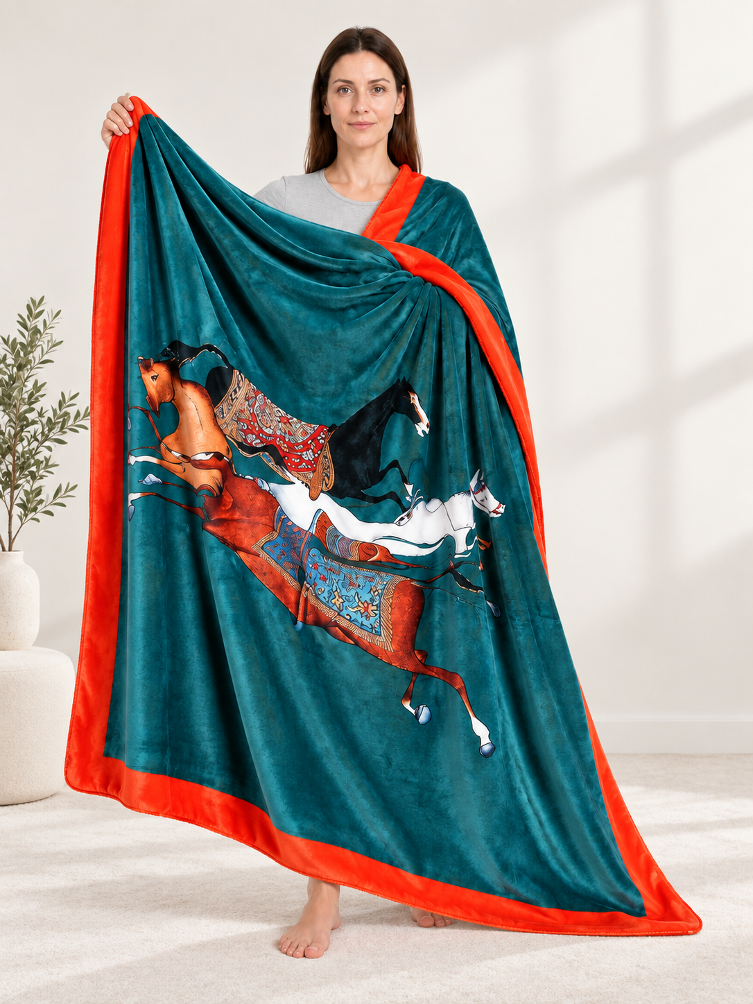 Turquoise Blue-Green Flannel Blanket with Horse Print