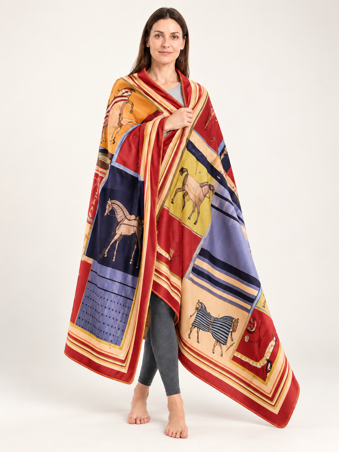 Rectangular Multicolor Throw Blanket with Horse Motif