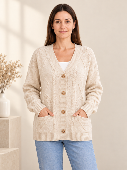 Cream-Beige Cable-Knit Cardigan with Pockets
