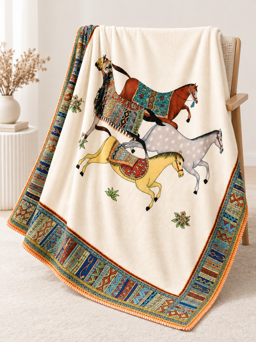 Light Flannel Blanket with Horses and Ornamental Border